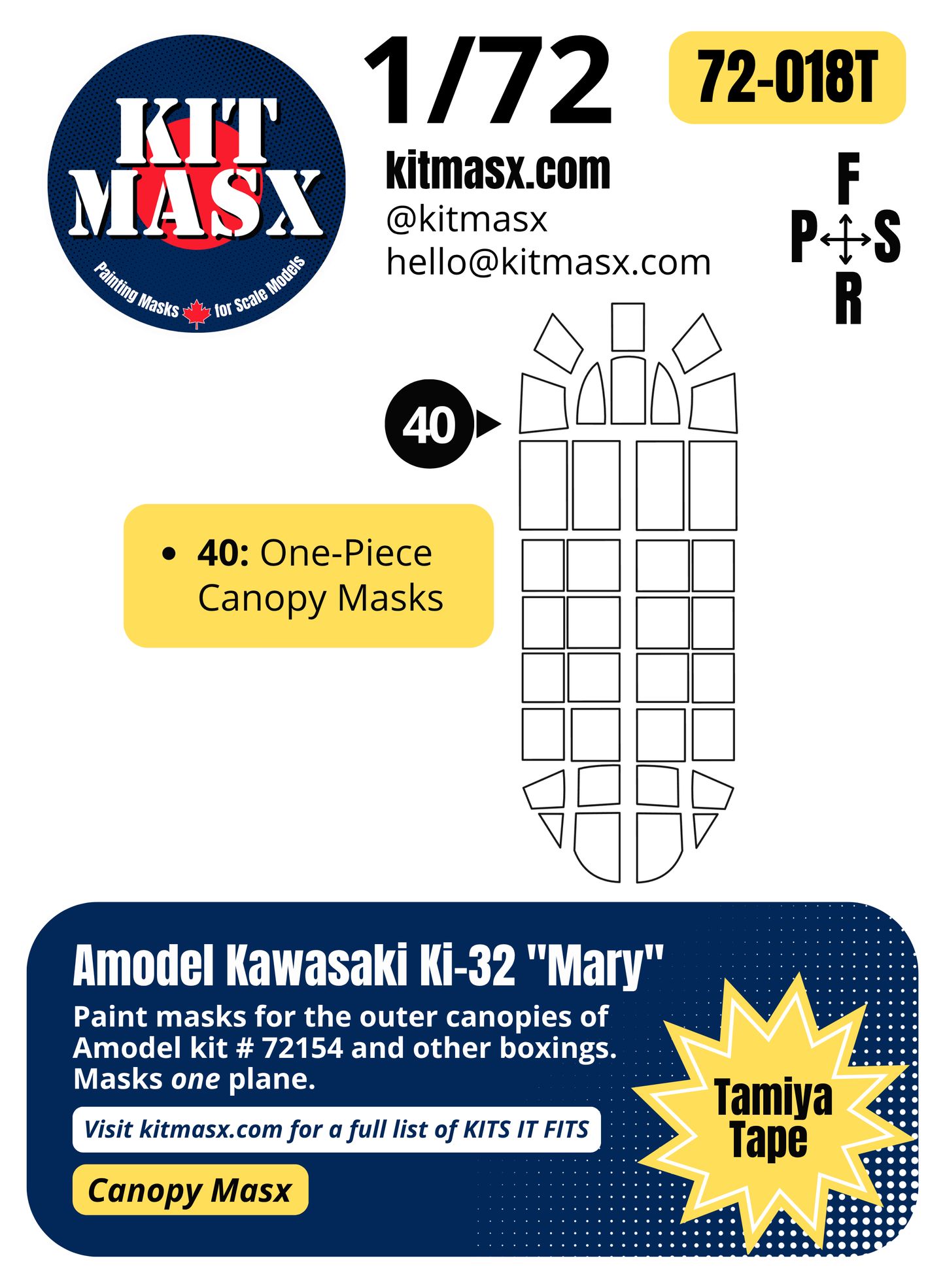 Amodel Kawasaki Ki-32 "Mary" 1/72 Canopy Paint Masks, Kit # 72154 (72018)