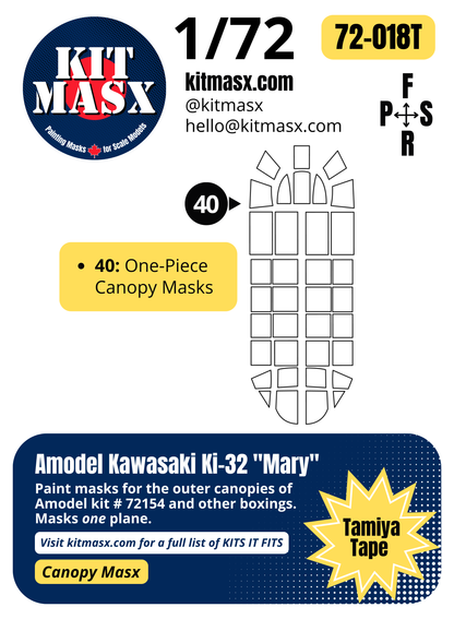 Amodel Kawasaki Ki-32 "Mary" 1/72 Canopy Paint Masks, Kit # 72154 (72018)