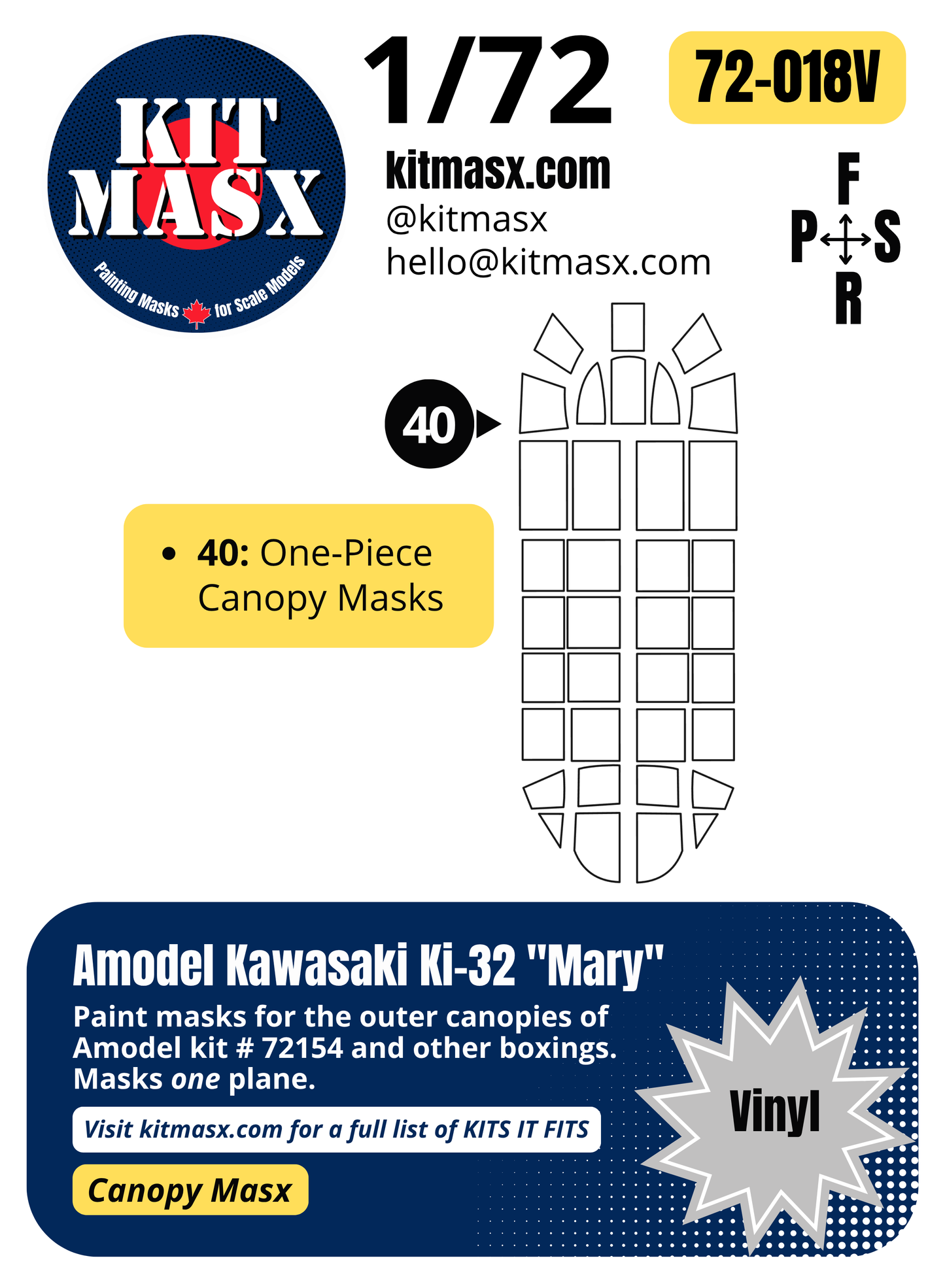 Amodel Kawasaki Ki-32 "Mary" 1/72 Canopy Paint Masks, Kit # 72154 (72018)