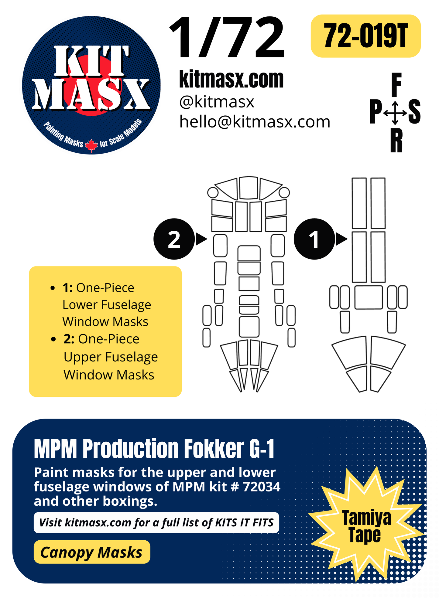 MPM Production Fokker G-1 1/72 Canopy Paint Masks, Kit # 72034