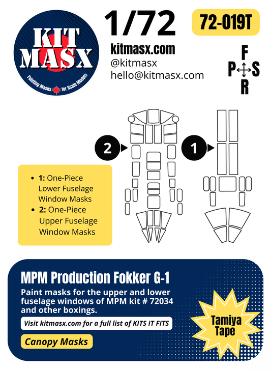 MPM Production Fokker G-1 1/72 Canopy Paint Masks, Kit # 72034