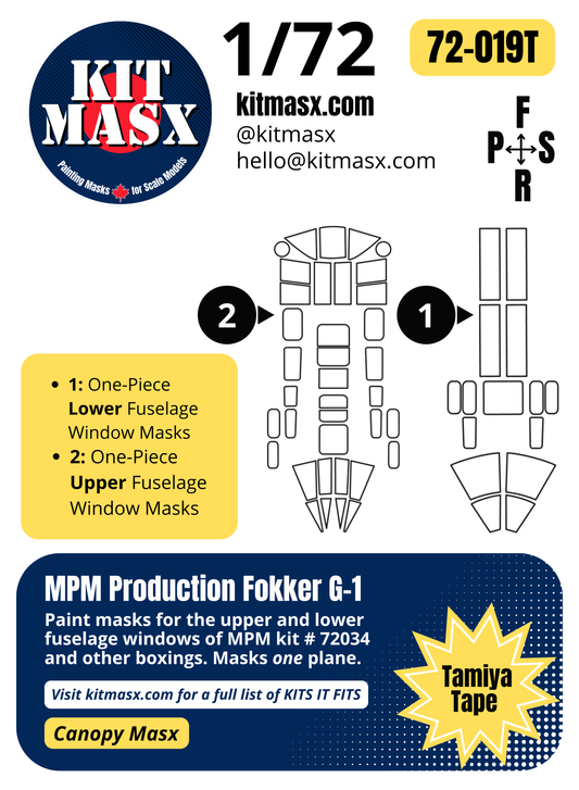 MPM Production Fokker G-1 1/72 Canopy Paint Masks, Kit # 72034