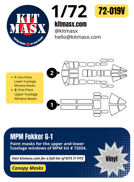 MPM Fokker G-1 1/72 Canopy Paint Masks, Kit # 72034