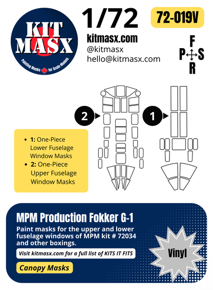 MPM Production Fokker G-1 1/72 Canopy Paint Masks, Kit # 72034