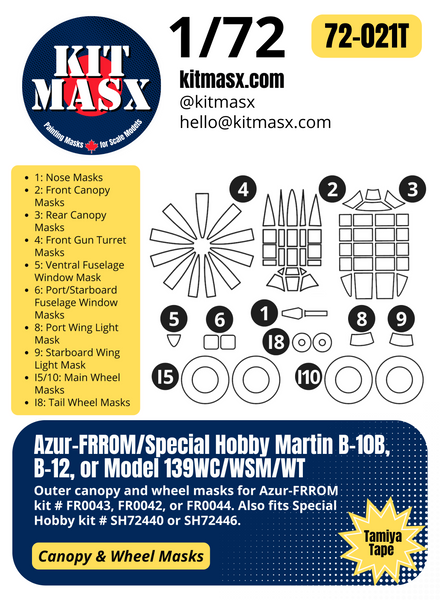 Azur-FRROM/Special Hobby Martin B-10B, B-12, or Model 139WC/WSM/WT 1/72 Canopy & Wheel Paint Masks