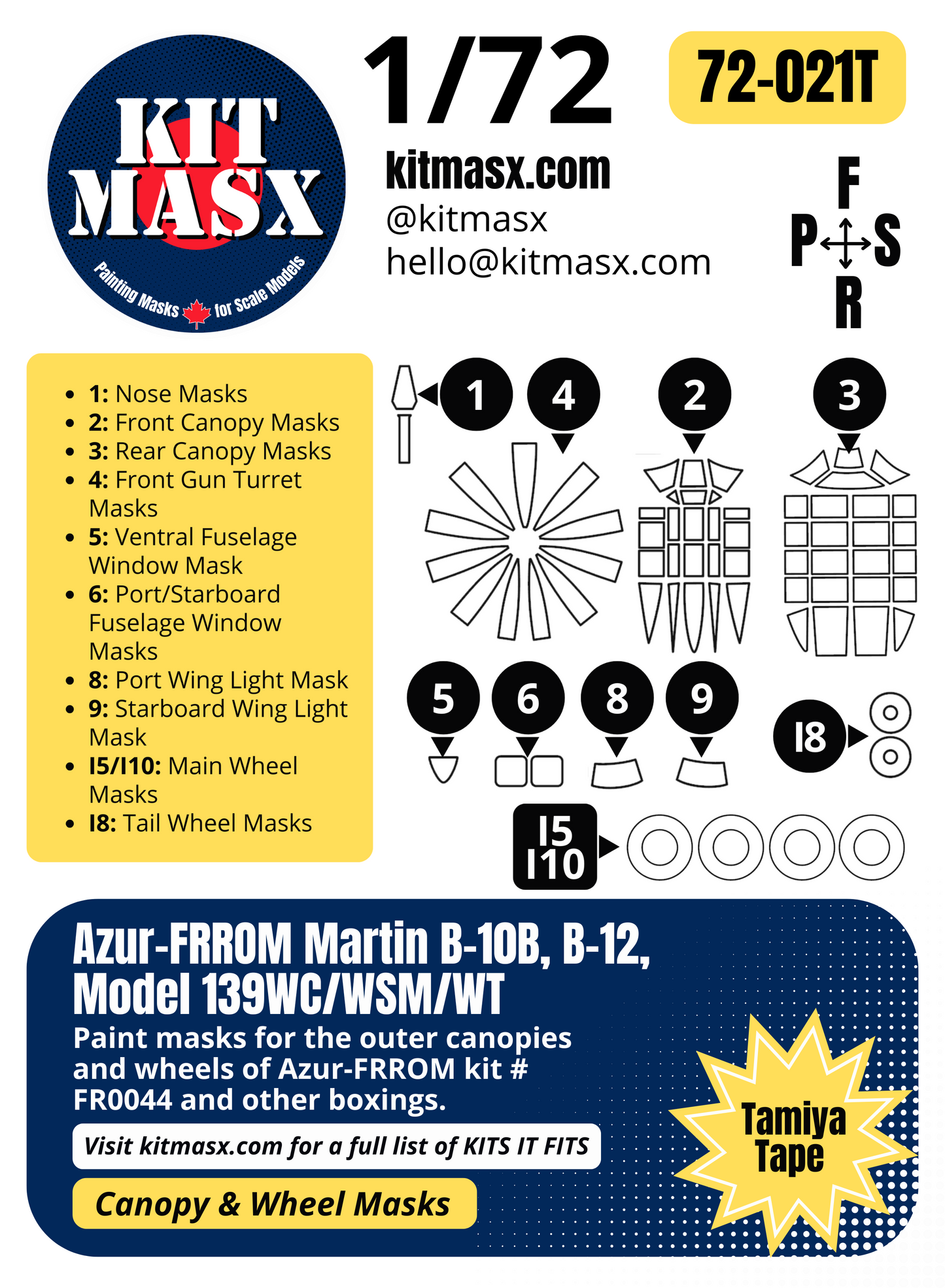 Azur-FRROM Martin B-10B, B-12, Model 139WC/WSM/WT 1/72 Canopy & Wheel Paint Masks, Kit # FR0044