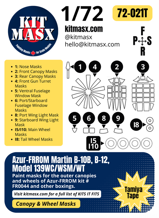 Azur-FRROM Martin B-10B, B-12, Model 139WC/WSM/WT 1/72 Canopy & Wheel Paint Masks, Kit # FR0044