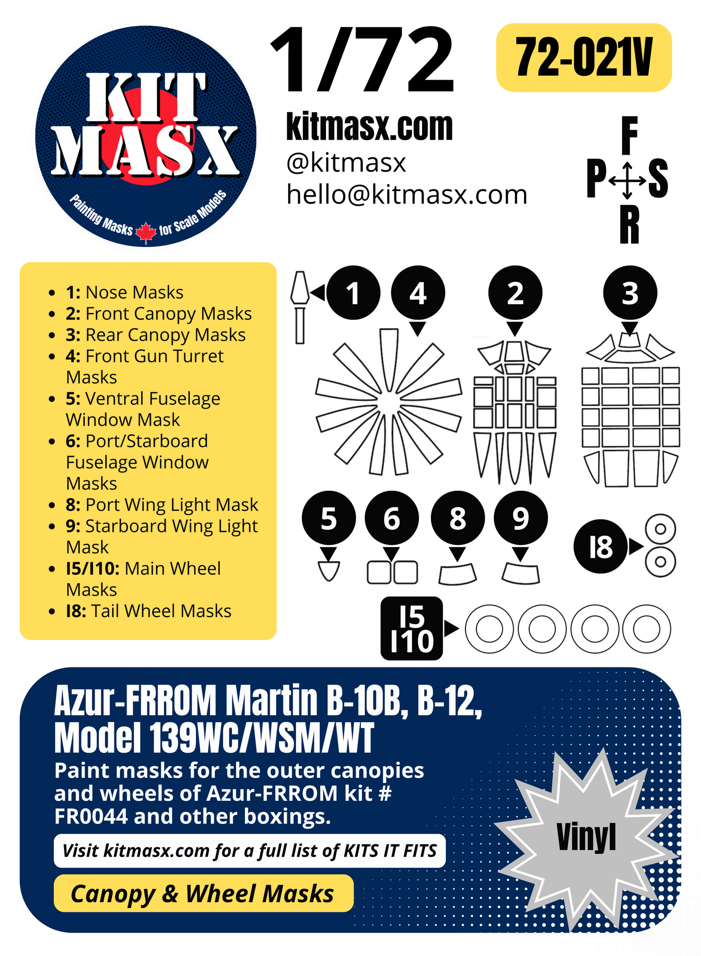 Azur-FRROM Martin B-10B, B-12, Model 139WC/WSM/WT 1/72 Canopy & Wheel Paint Masks, Kit # FR0044