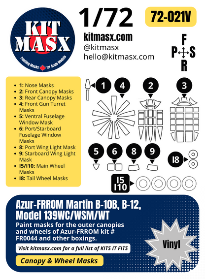 Azur-FRROM Martin B-10B, B-12, Model 139WC/WSM/WT 1/72 Canopy & Wheel Paint Masks, Kit # FR0044