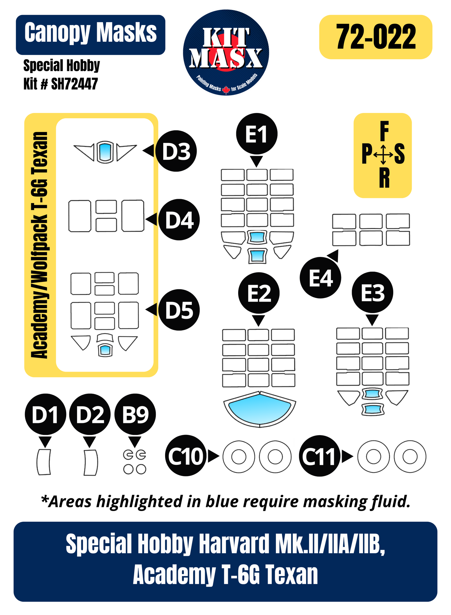 Special Hobby Harvard Mk.II/IIA/IIB, Academy T-6G Texan 1/72 Canopy & Wheel Paint Masks, Kit # SH72447