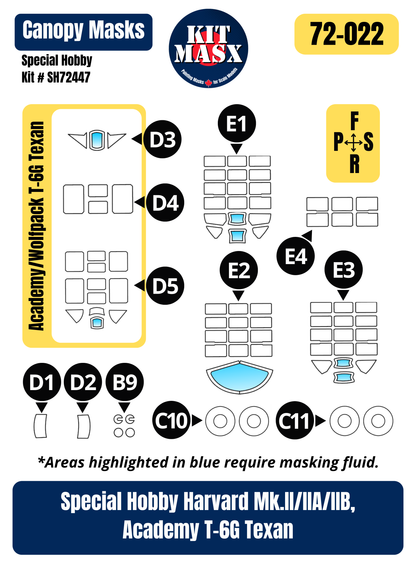 Special Hobby Harvard Mk.II/IIA/IIB, Academy T-6G Texan 1/72 Canopy & Wheel Paint Masks, Kit # SH72447