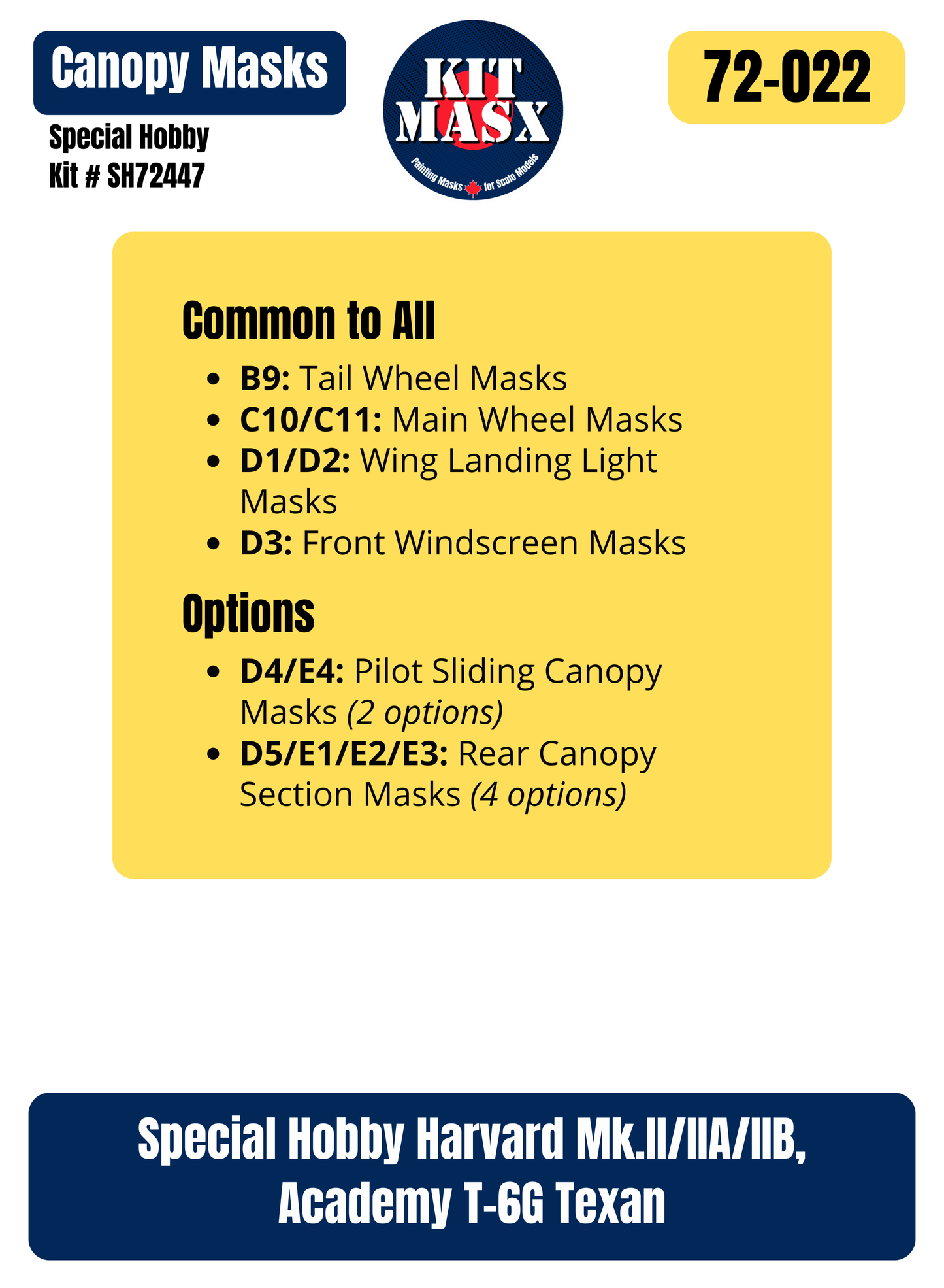 Special Hobby Harvard Mk.II/IIA/IIB, Academy T-6G Texan 1/72 Canopy & Wheel Paint Masks, Kit # SH72447