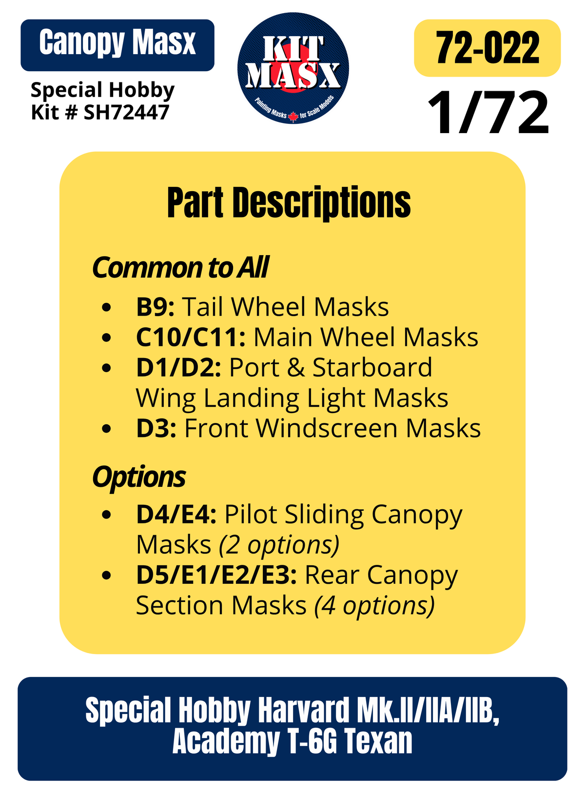 Special Hobby Harvard Mk.II/IIA/IIB, Academy T-6G Texan 1/72 Canopy & Wheel Paint Masks, Kit # SH72447 (72022)