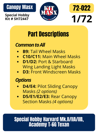 Special Hobby Harvard Mk.II/IIA/IIB, Academy T-6G Texan 1/72 Canopy & Wheel Paint Masks, Kit # SH72447 (72022)