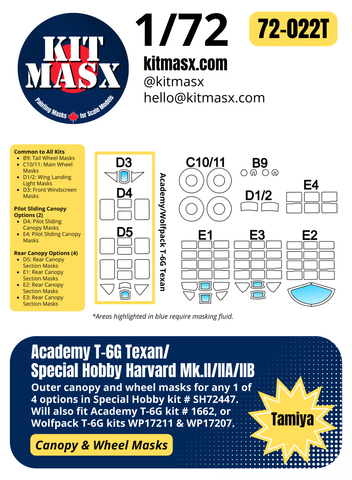 Academy T-6G Texan/Special Hobby Harvard Mk.II/IIA/IIB 1/72 Canopy & Wheel Paint Masks, Kit # 1662, SH72447