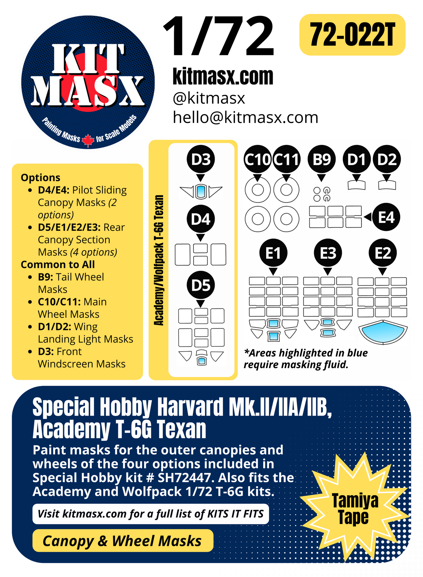 Special Hobby Harvard Mk.II/IIA/IIB, Academy T-6G Texan 1/72 Canopy & Wheel Paint Masks, Kit # SH72447