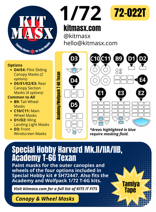 Special Hobby Harvard Mk.II/IIA/IIB, Academy T-6G Texan 1/72 Canopy & Wheel Paint Masks, Kit # SH72447