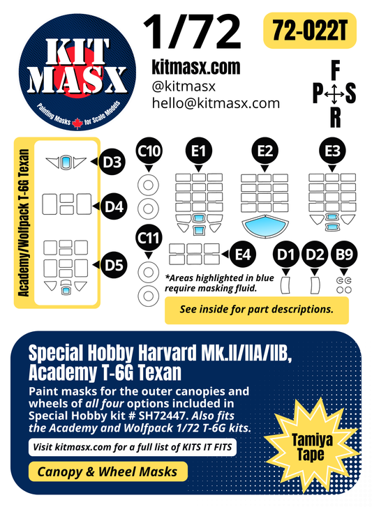 Special Hobby Harvard Mk.II/IIA/IIB, Academy T-6G Texan 1/72 Canopy & Wheel Paint Masks, Kit # SH72447