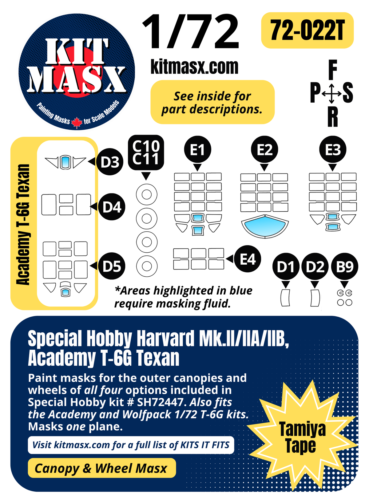 Special Hobby Harvard Mk.II/IIA/IIB, Academy T-6G Texan 1/72 Canopy & Wheel Paint Masks, Kit # SH72447 (72022)