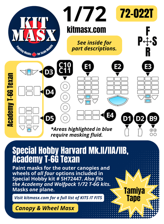 Special Hobby Harvard Mk.II/IIA/IIB, Academy T-6G Texan 1/72 Canopy & Wheel Paint Masks, Kit # SH72447 (72022)