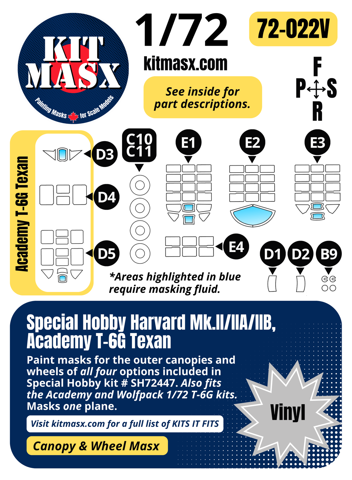 Special Hobby Harvard Mk.II/IIA/IIB, Academy T-6G Texan 1/72 Canopy & Wheel Paint Masks, Kit # SH72447 (72022)