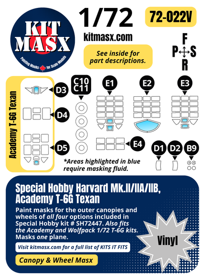 Special Hobby Harvard Mk.II/IIA/IIB, Academy T-6G Texan 1/72 Canopy & Wheel Paint Masks, Kit # SH72447 (72022)