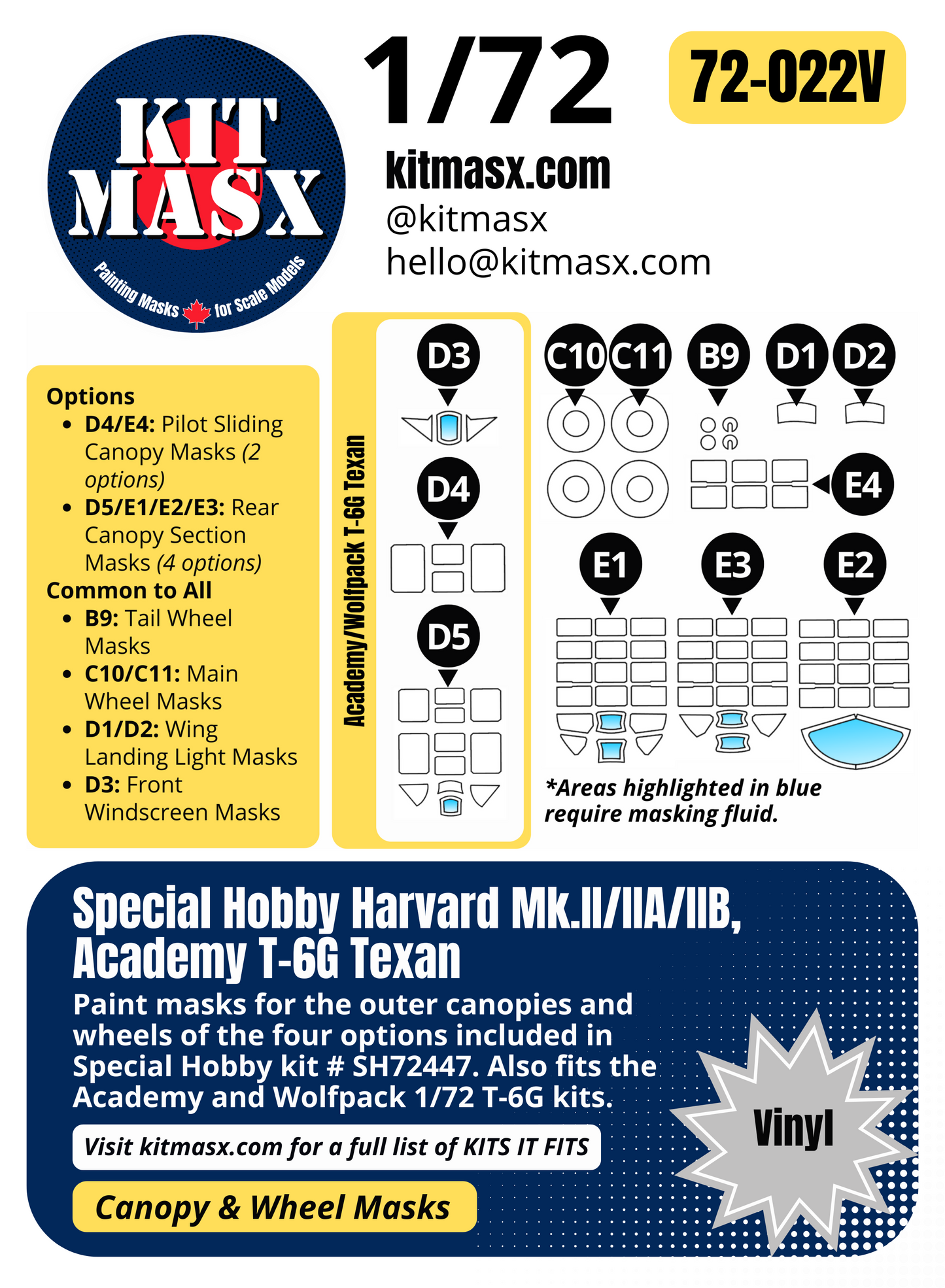Special Hobby Harvard Mk.II/IIA/IIB, Academy T-6G Texan 1/72 Canopy & Wheel Paint Masks, Kit # SH72447