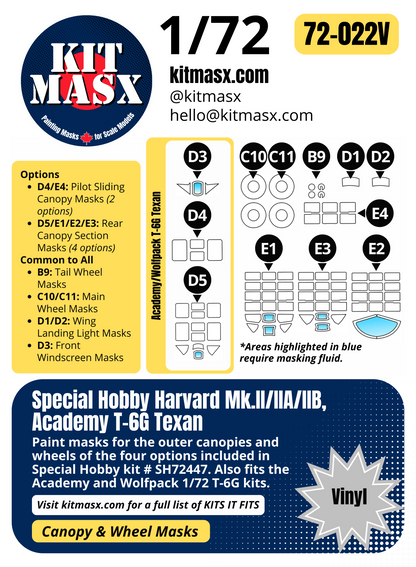 Special Hobby Harvard Mk.II/IIA/IIB, Academy T-6G Texan 1/72 Canopy & Wheel Paint Masks, Kit # SH72447