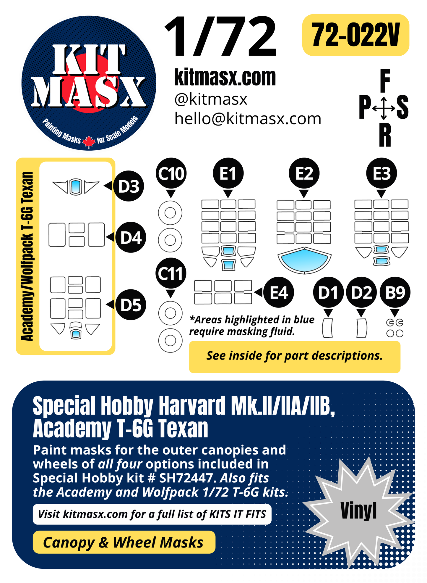 Special Hobby Harvard Mk.II/IIA/IIB, Academy T-6G Texan 1/72 Canopy & Wheel Paint Masks, Kit # SH72447