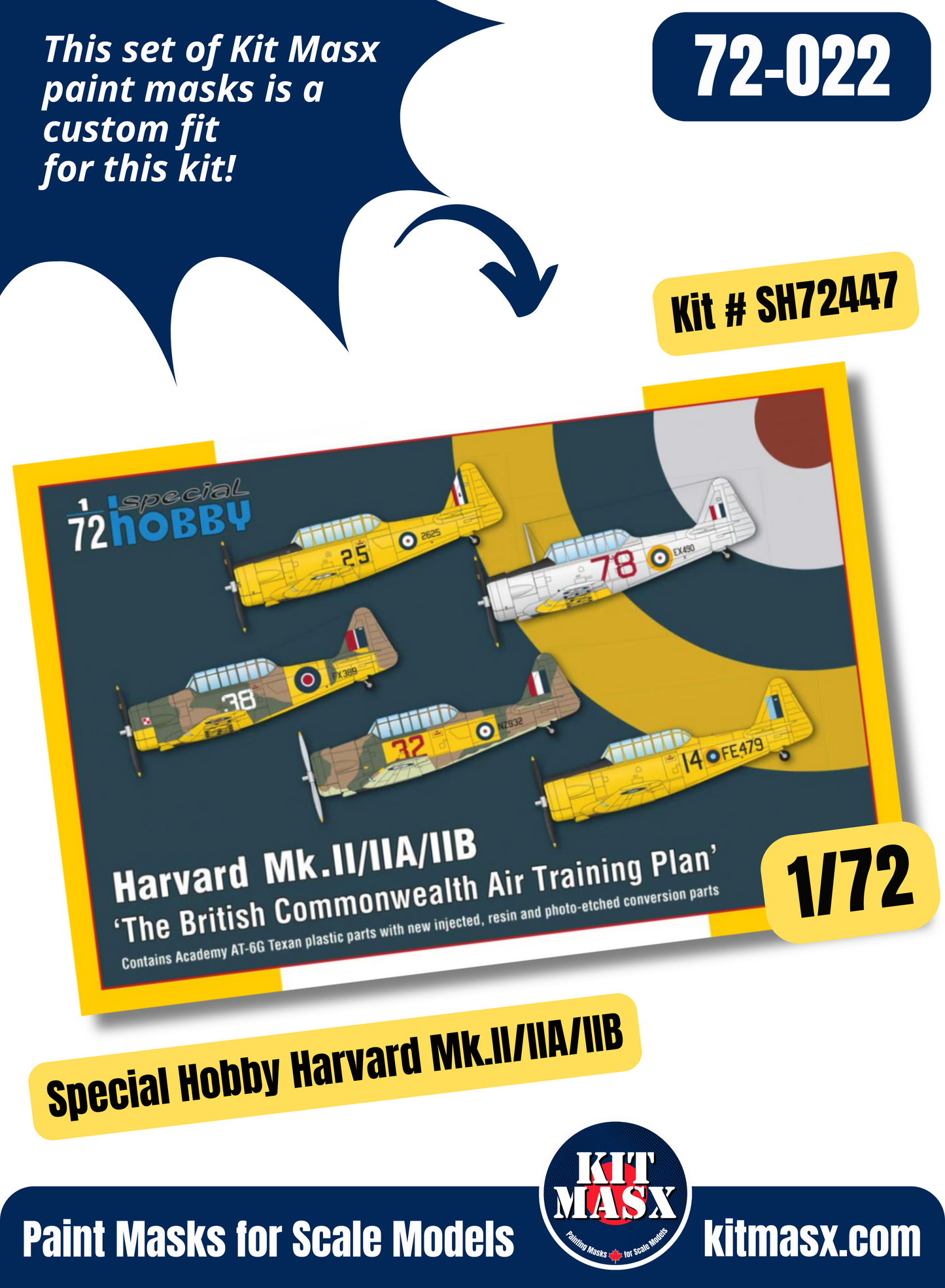 Special Hobby Harvard Mk.II/IIA/IIB, Academy T-6G Texan 1/72 Canopy & Wheel Paint Masks, Kit # SH72447