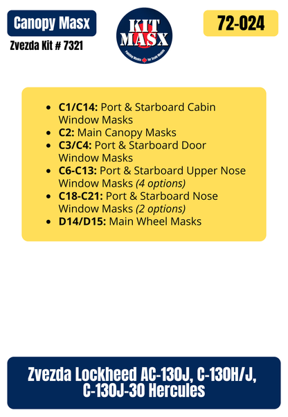 Zvezda Lockheed AC-130J, C-130H/J, C-130J-30 Hercules 1/72 Canopy & Wheel Paint Masks, Kit # 7321