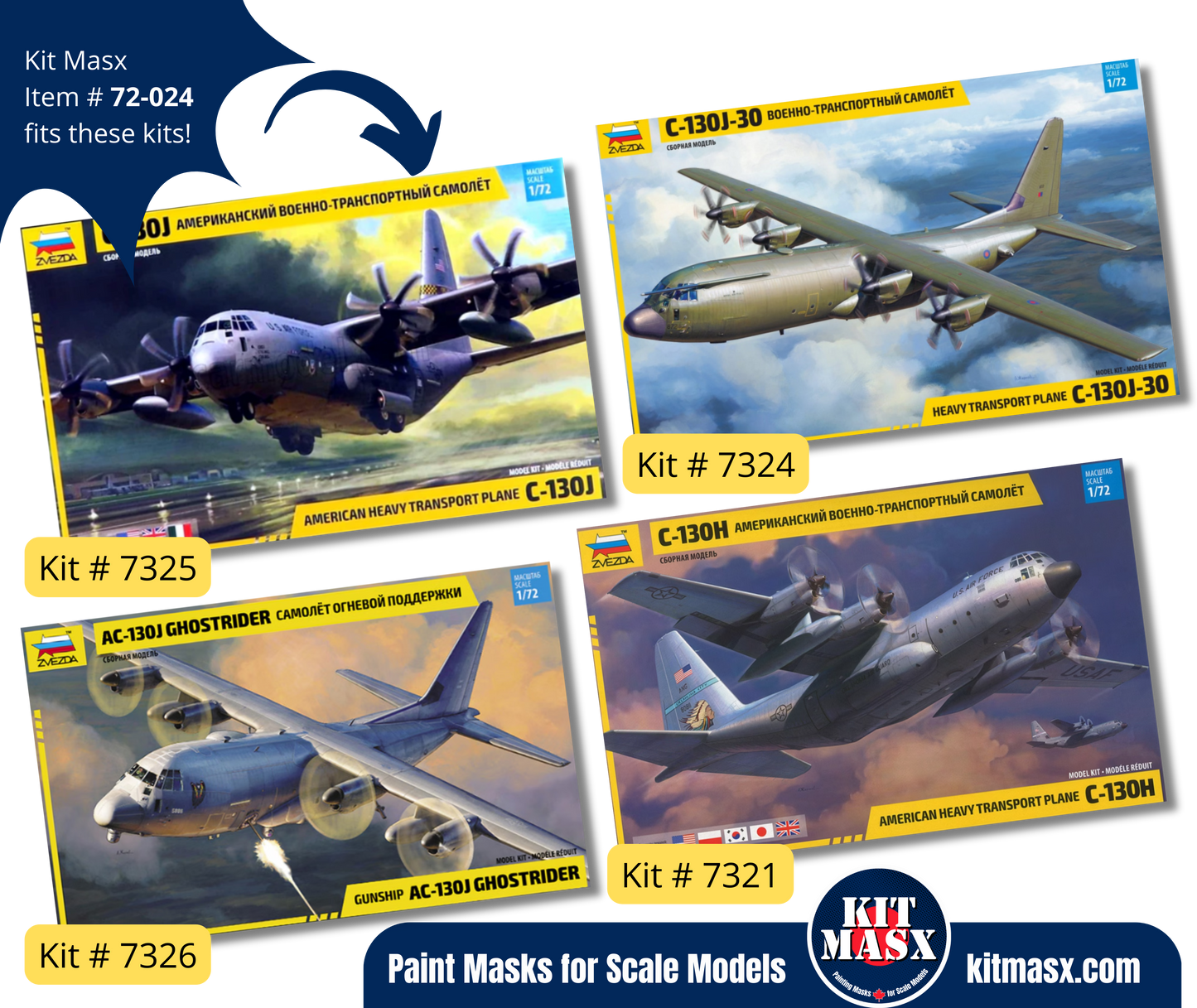 Zvezda Lockheed AC-130J, C-130H/J, C-130J-30 Hercules 1/72 Canopy & Wheel Paint Masks, Kit # 7321