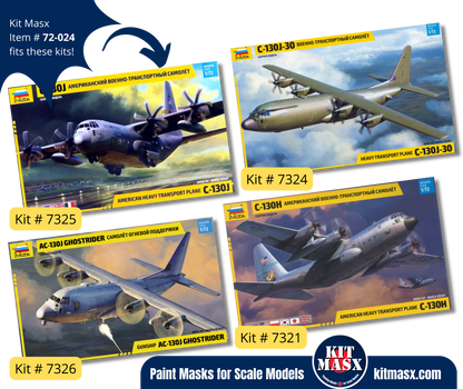 Zvezda Lockheed AC-130J, C-130H/J, C-130J-30 Hercules 1/72 Canopy & Wheel Paint Masks, Kit # 7321