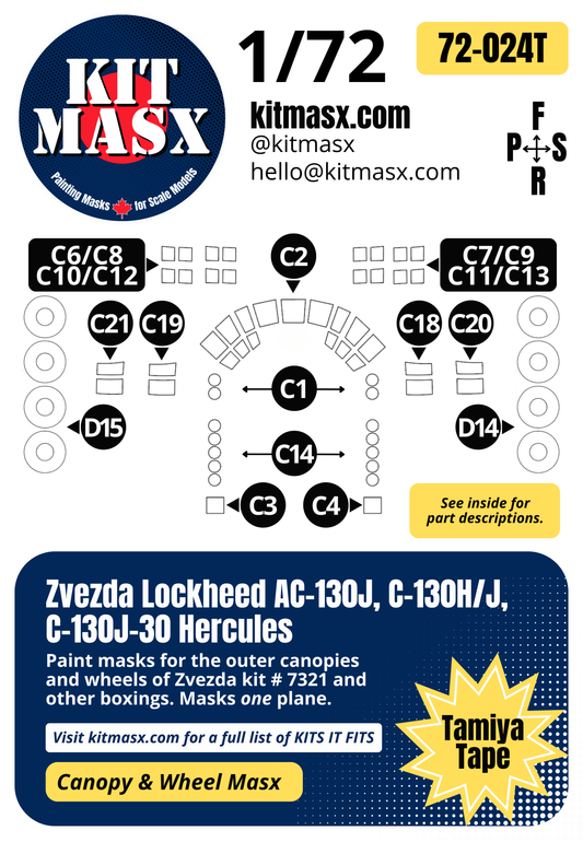 Zvezda Lockheed AC-130J, C-130H/J, C-130J-30 Hercules 1/72 Canopy & Wheel Paint Masks, Kit # 7321