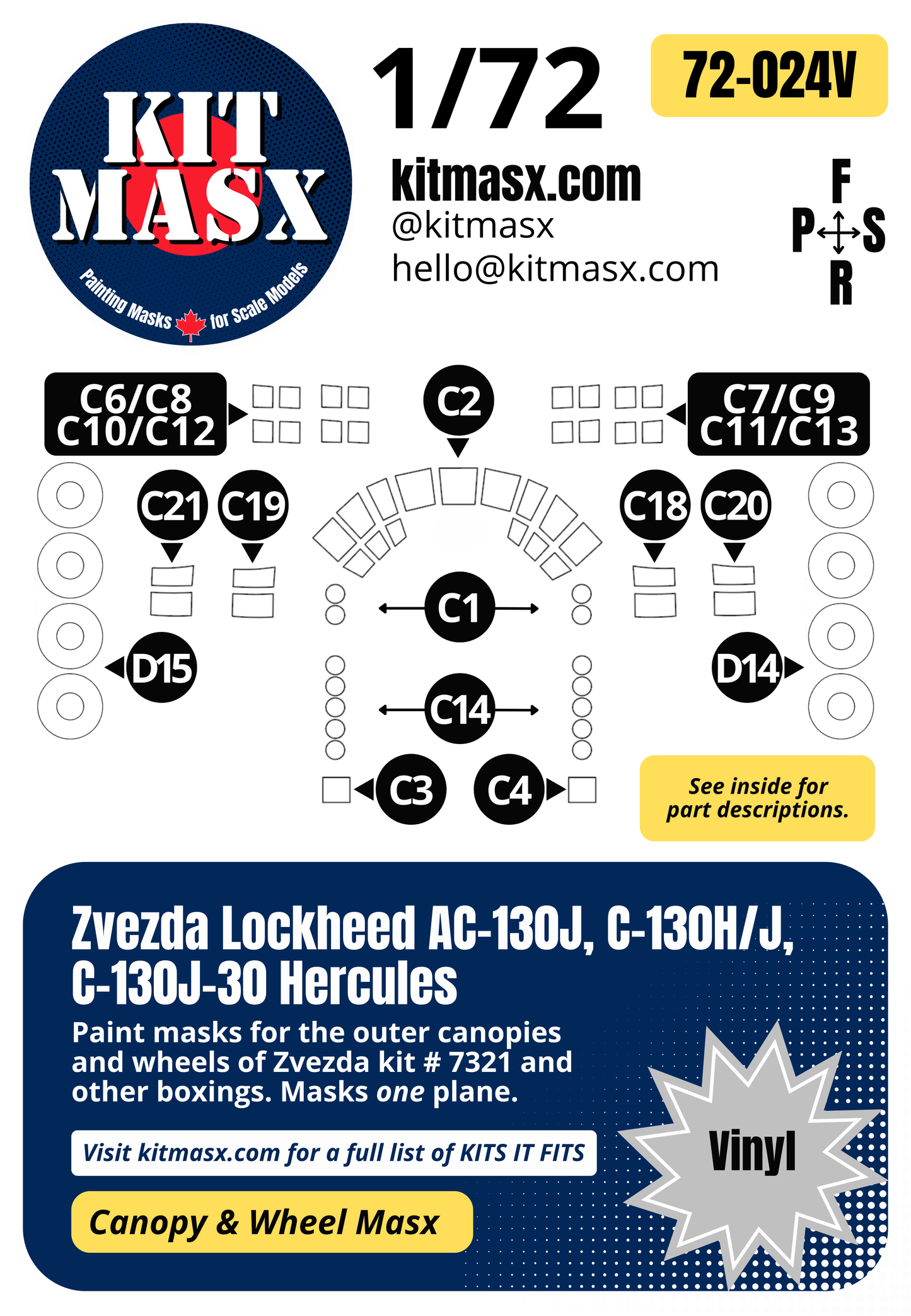 Zvezda Lockheed AC-130J, C-130H/J, C-130J-30 Hercules 1/72 Canopy & Wheel Paint Masks, Kit # 7321
