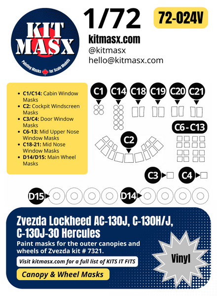 Zvezda Lockheed AC-130J, C-130H/J, C-130J-30 Hercules 1/72 Canopy & Wheel Paint Masks, Kit # 7321