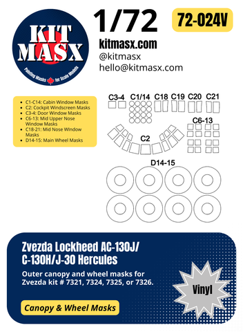 Zvezda Lockheed AC-130J/C-130H/J-30 Hercules 1/72 Canopy & Wheel Paint Masks, Kit # 7321