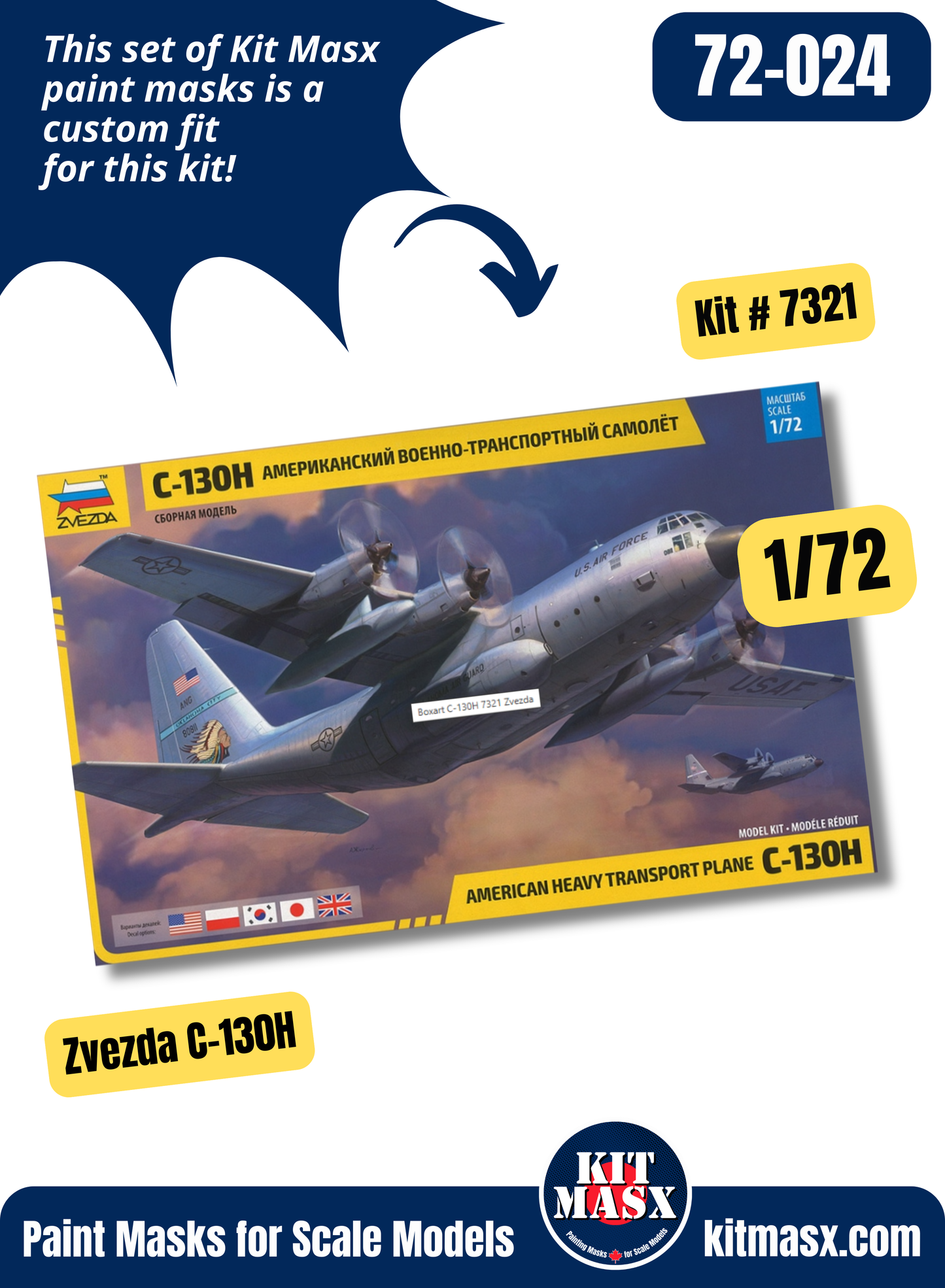 Zvezda Lockheed AC-130J, C-130H/J, C-130J-30 Hercules 1/72 Canopy & Wheel Paint Masks, Kit # 7321