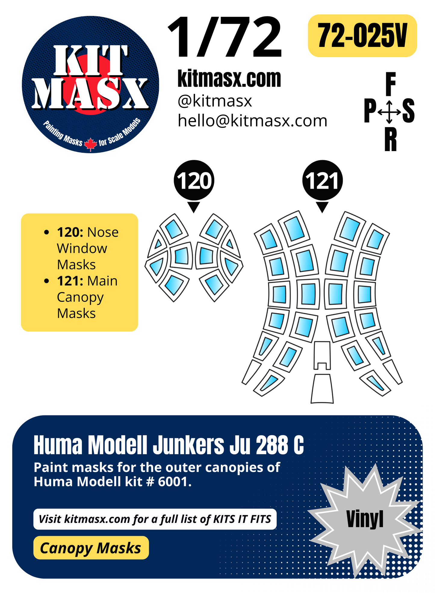 Huma Modell Junkers Ju 288 C 1/72 Canopy Paint Masks, Kit # 6001