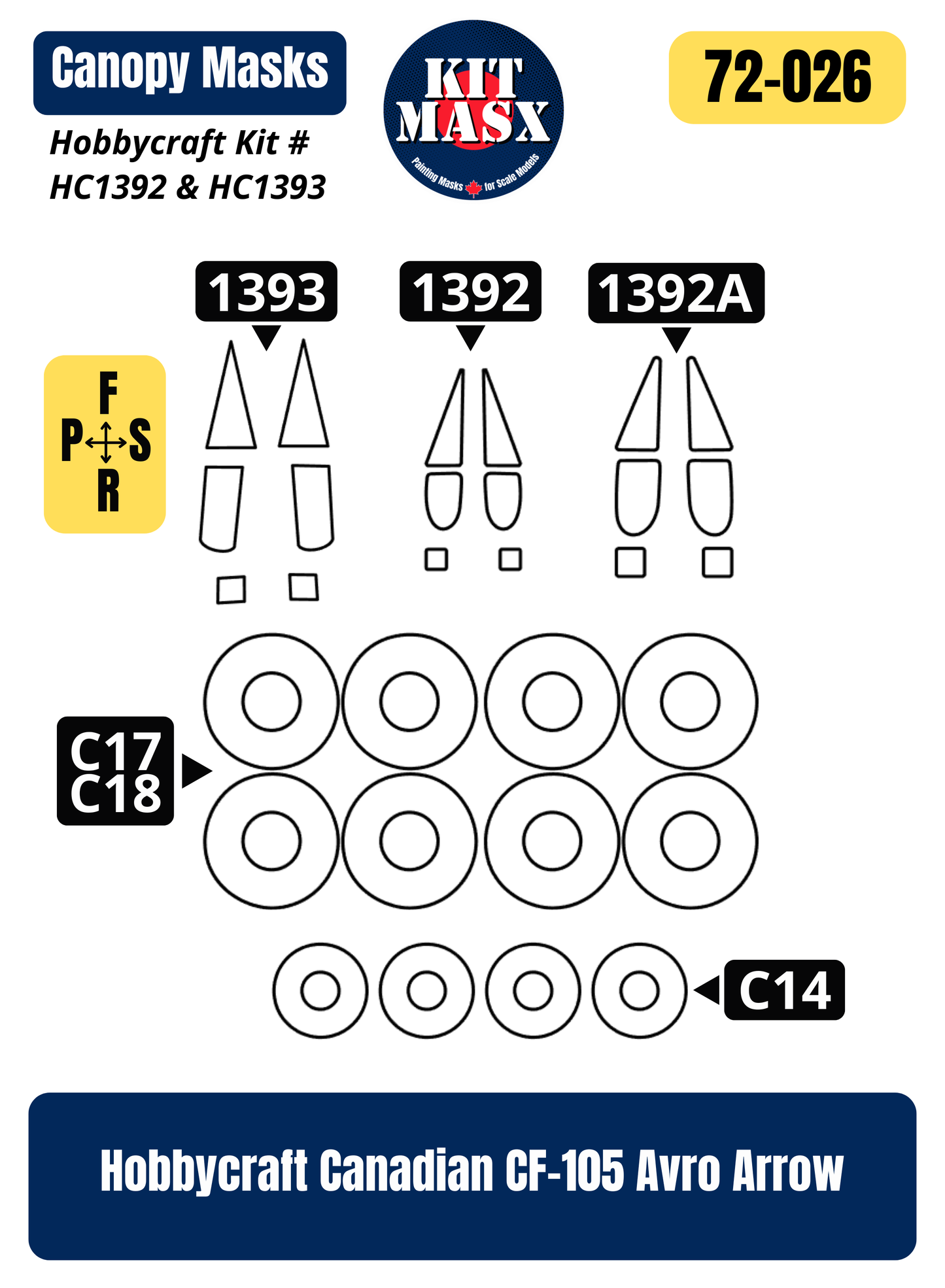 Hobbycraft Canadian CF-105 Avro Arrow 1/72 Canopy & Wheel Paint Masks, Kit # HC1392, HC1393