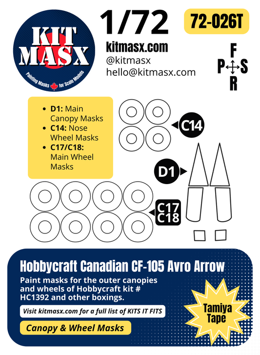 Hobbycraft Canadian CF-105 Avro Arrow 1/72 Canopy & Wheel Paint Masks, Kit # HC1392