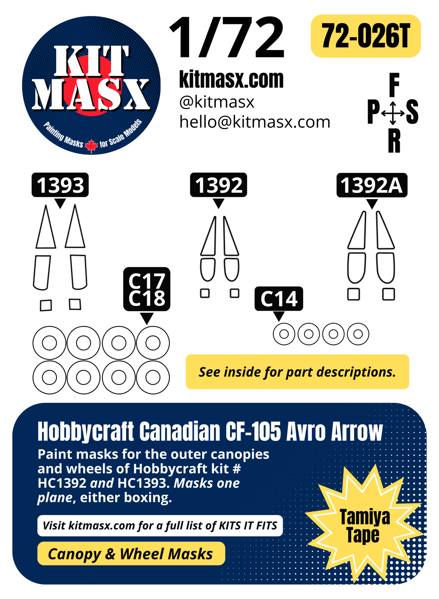 Hobbycraft Canadian CF-105 Avro Arrow 1/72 Canopy & Wheel Paint Masks, Kit # HC1392, HC1393