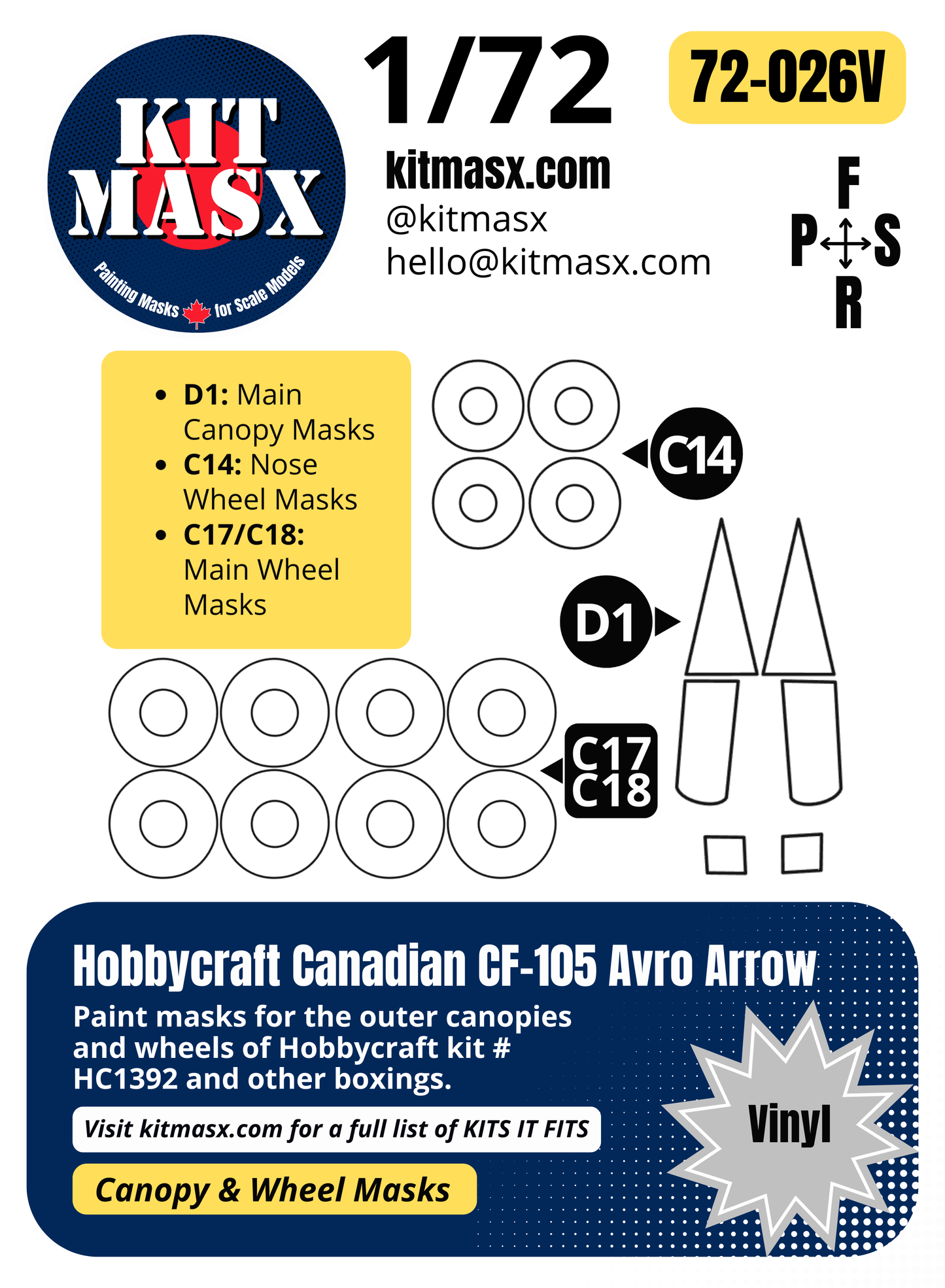 Hobbycraft Canadian CF-105 Avro Arrow 1/72 Canopy & Wheel Paint Masks, Kit # HC1392