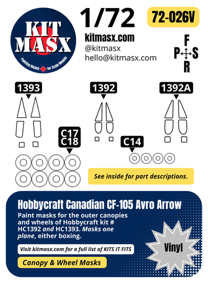 Hobbycraft Canadian CF-105 Avro Arrow 1/72 Canopy & Wheel Paint Masks, Kit # HC1392, HC1393