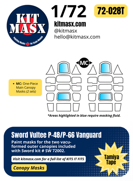 Sword Vultee P-48/P-66 Vanguard 1/72 Canopy Paint Masks, Kit # SW 72002