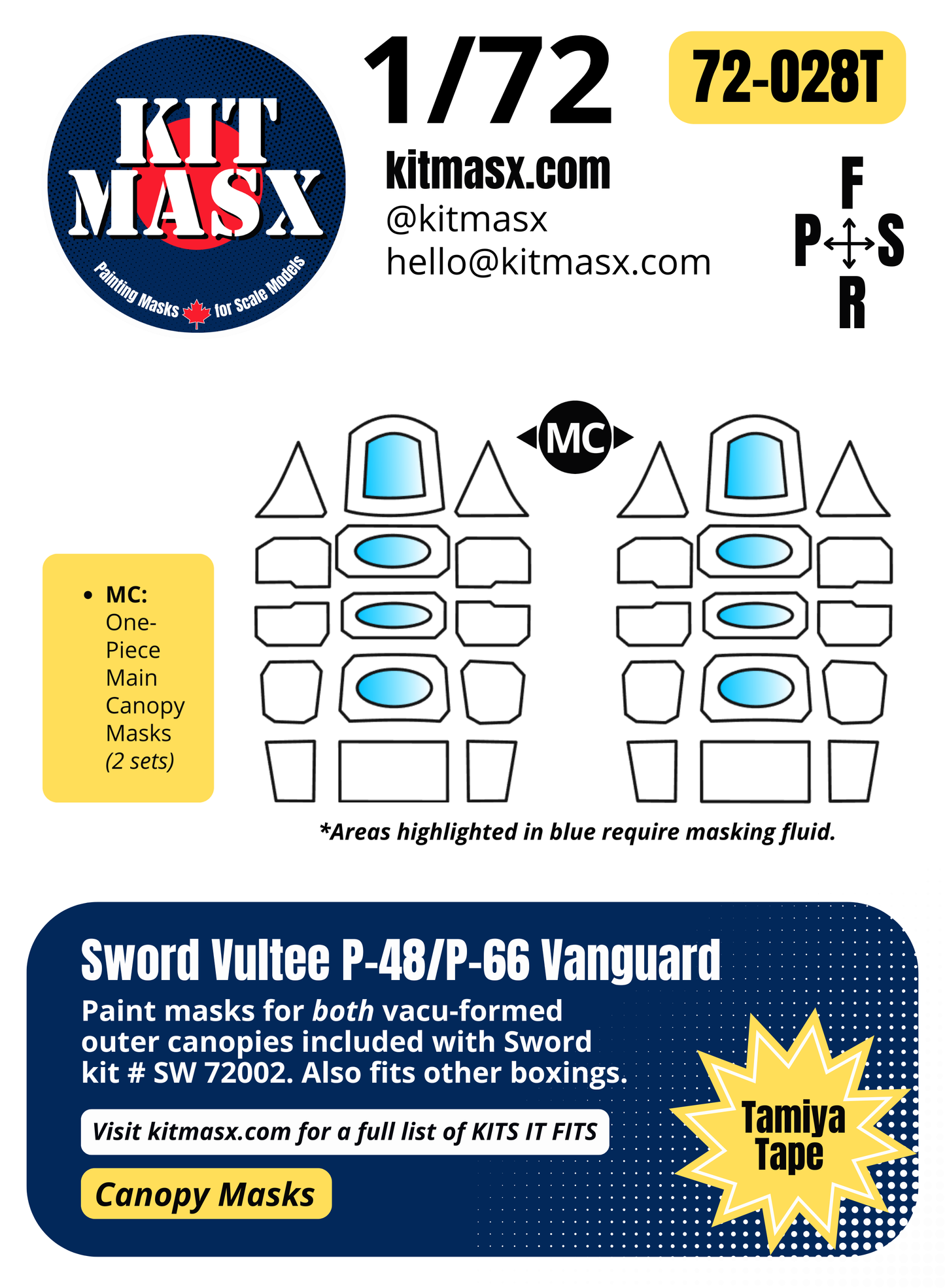 Sword Vultee P-48/P-66 Vanguard 1/72 Canopy Paint Masks, Kit # SW 72002