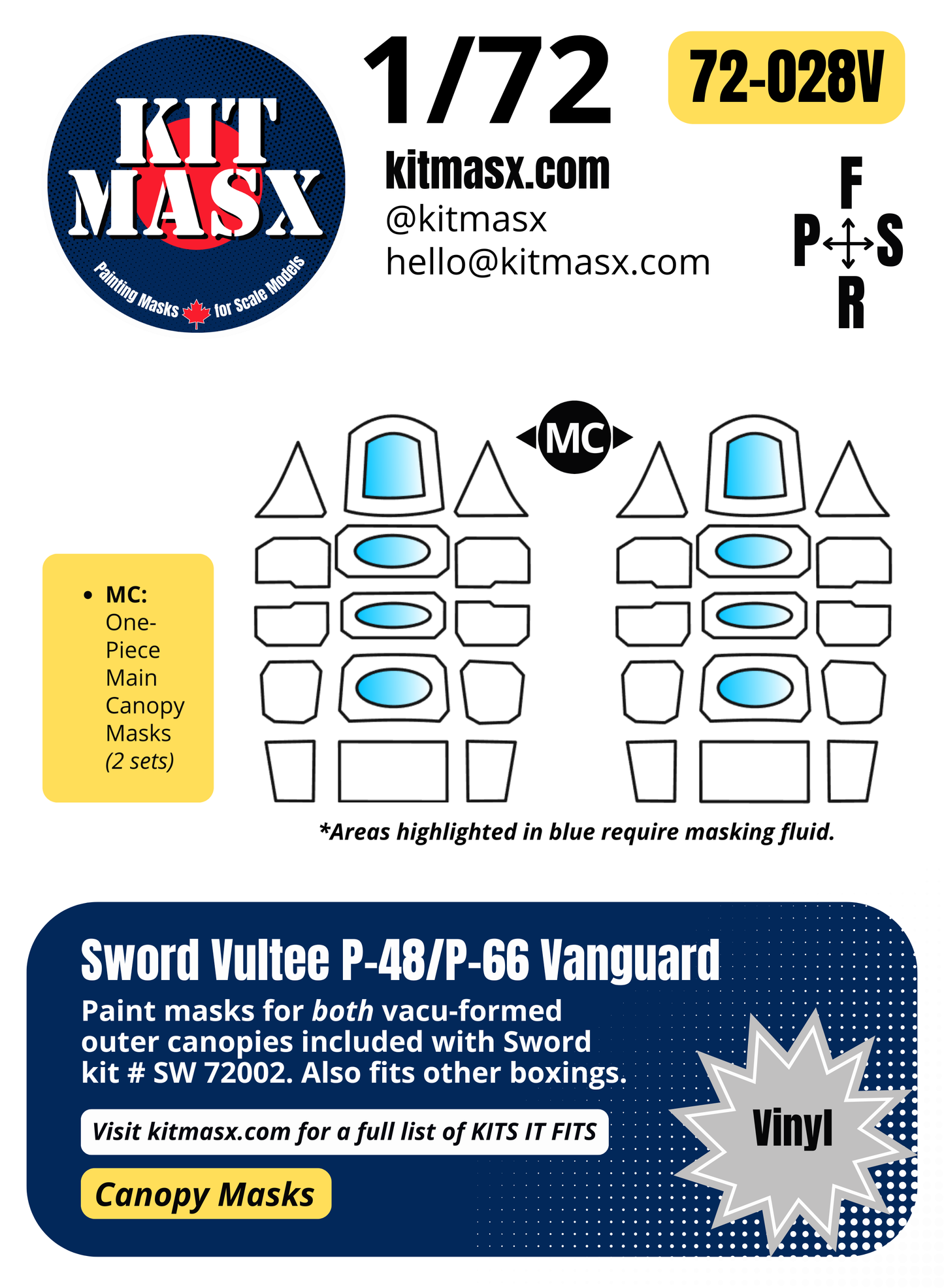 Sword Vultee P-48/P-66 Vanguard 1/72 Canopy Paint Masks, Kit # SW 72002