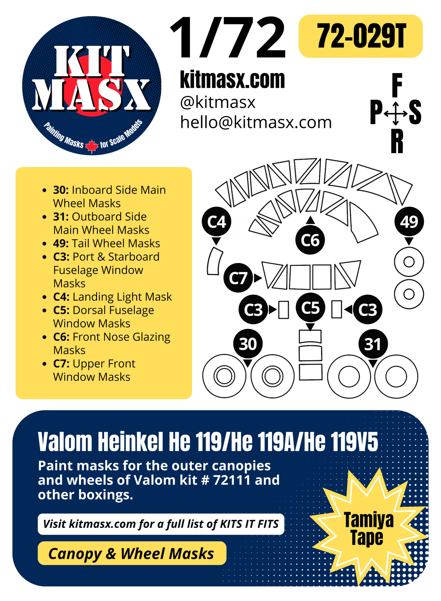 Valom Heinkel He 119/He 119A/He 119V5 1/72 Canopy & Wheel Paint Masks, Kit # 72111