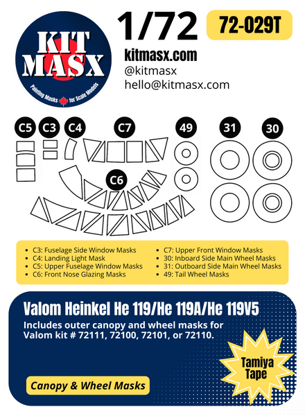 Valom Heinkel He 119/He 119A/He 119V5 1/72 Canopy & Wheel Paint Masks