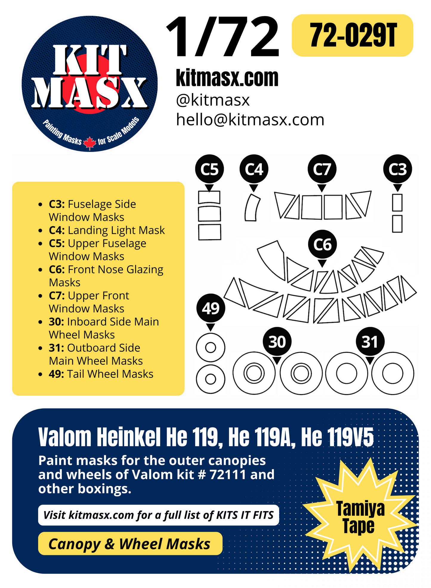 Valom Heinkel He 119, He 119A, He 119V5 1/72 Canopy & Wheel Paint Masks, Kit # 72111